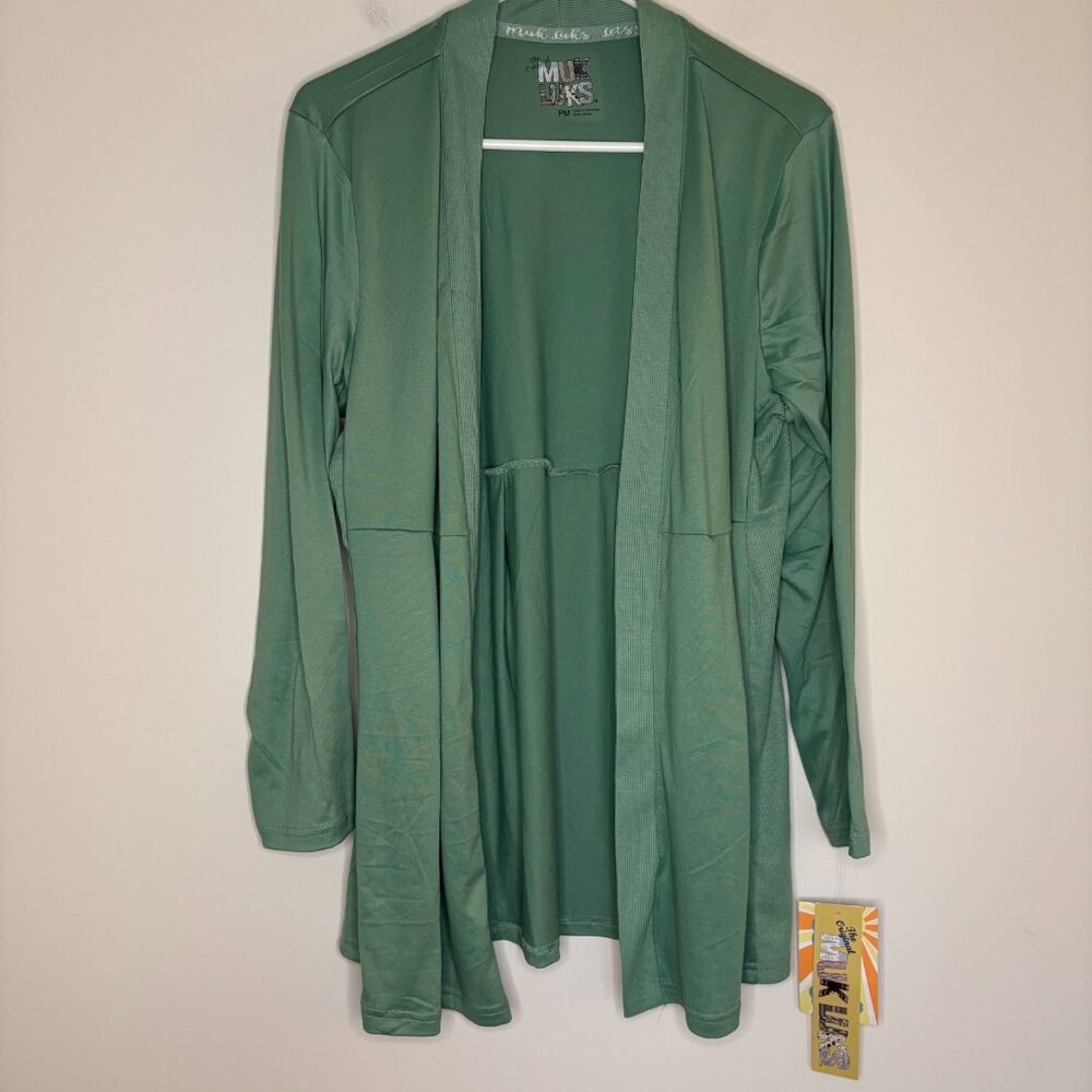 MUK LUKS NEW Cloud Knit Cardigan Women Petite M Green Stretch Lightweight Drapey